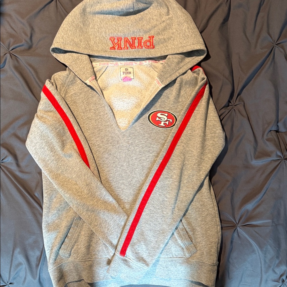 PINK Victoria's Secret Gray Hoodie with Red and Gold Lettering